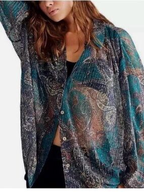 Free People Teal Multi Sheer Paisley Button-Down Shirt